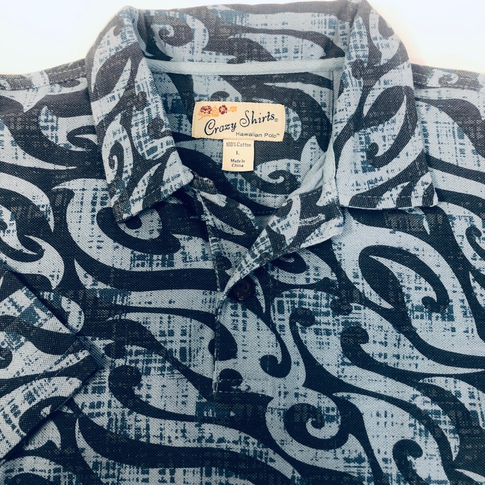 Vintage Crazy Shirt Men's Blue Pique Knit Hawaiian Cotton  Size L